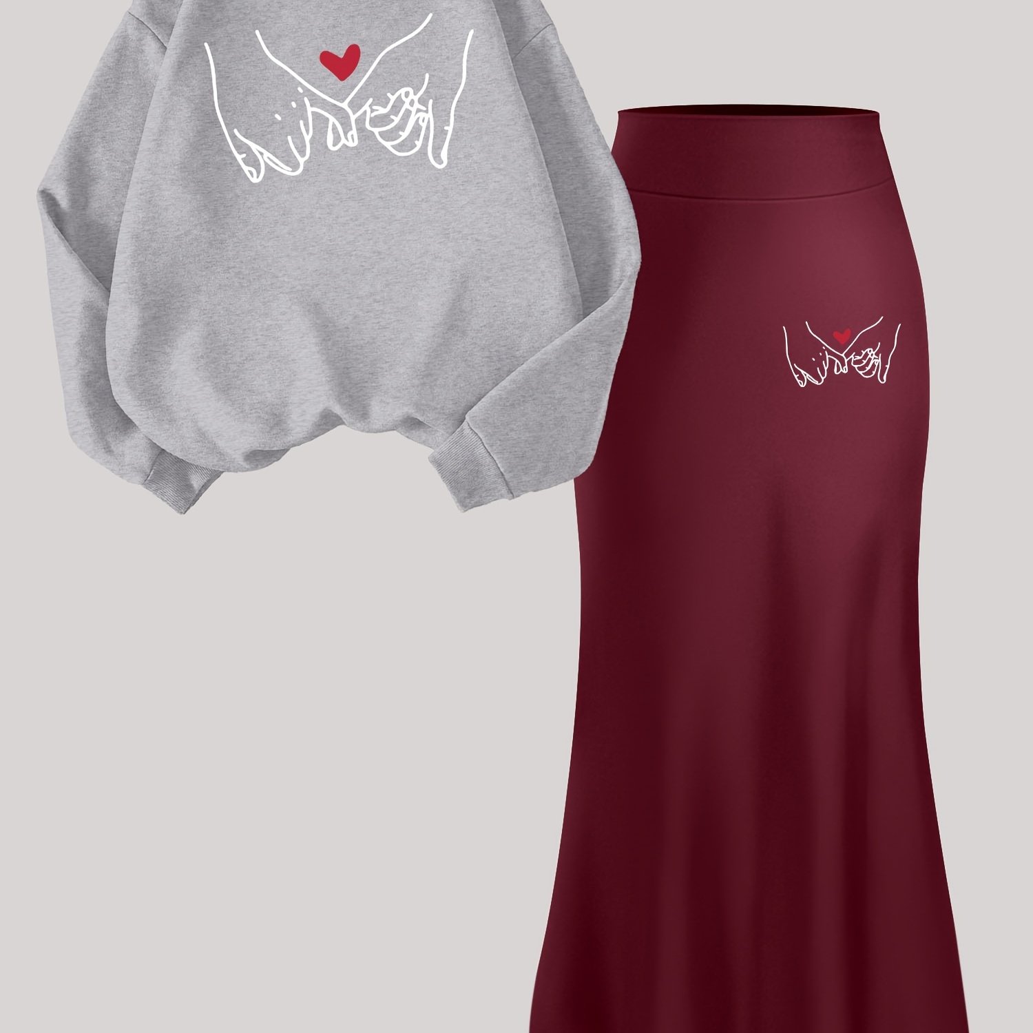 TEMU C5 q6 Two-piece Set For Women Featuring A Hand-holding Pattern Printed Long-sleeve Loose Sweatshirt With A Round Neck, Stylish High-waisted