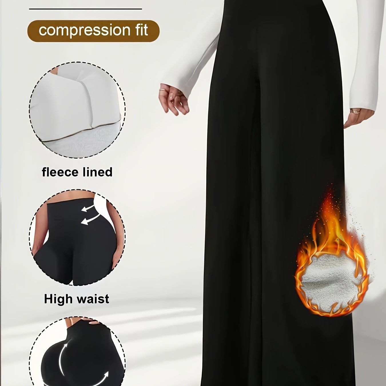 TEMU High-waist Fleece-lined Wide-leg Pants For Women, Stretch With Warm Lamb's Lining, Tummy Control Shaping Straight-leg Casual Trousers For