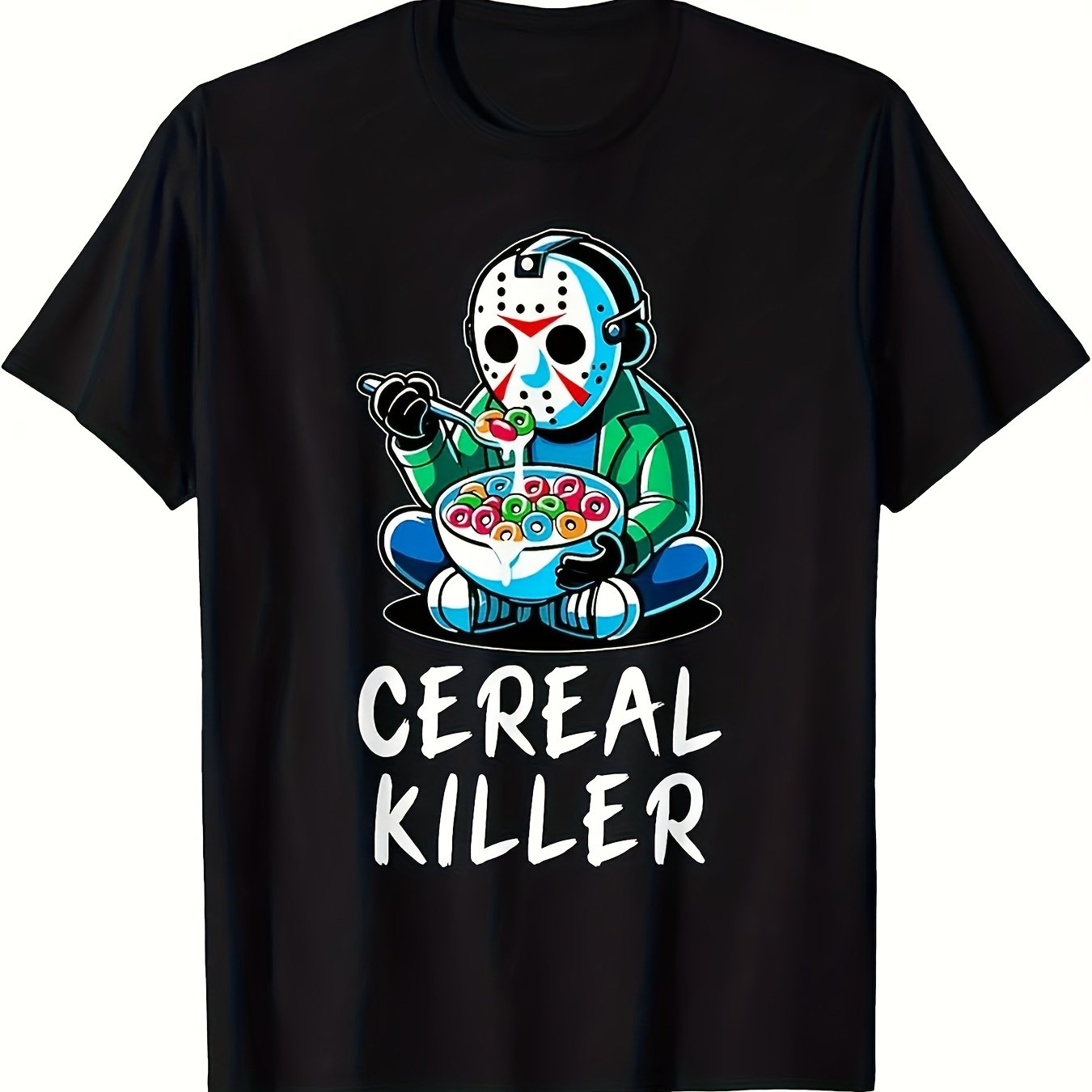 TEMU Funny Cereal Killer Graphic T-shirt - Eating Cereal Design - Heavyweight 200gsm Cotton Tee For Halloween, Birthday Parties, Casual Attire -