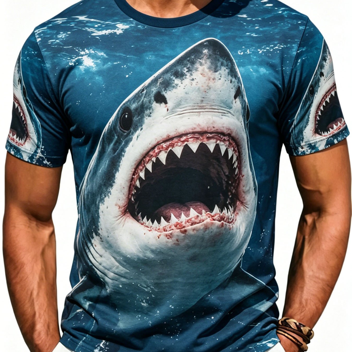 TEMU Men's Realistic Shark Print Short Sleeve T-shirt, Casual Round Neck Top, Summer Individual Style Base Layer, Trendy Realistic Style Daily