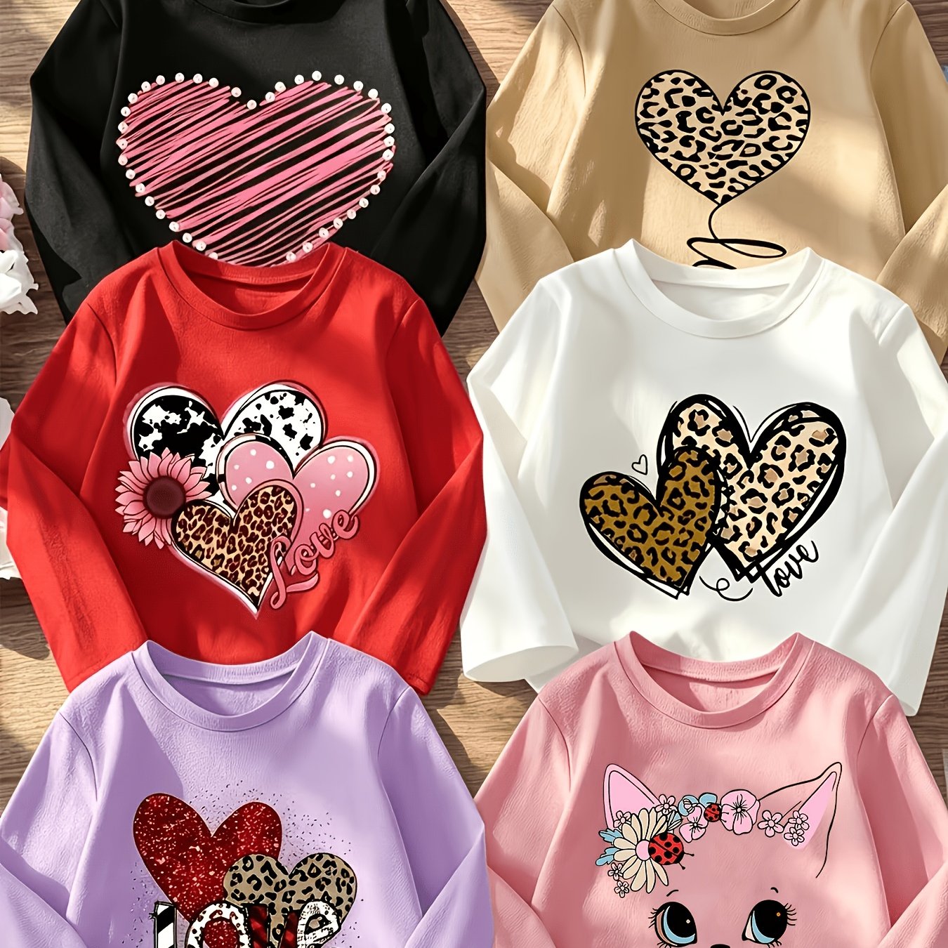 Image of Send 1 6 Styles Girl's Spring/summer Fashion Letter Love Leopard Pattern And Other Patterns Printed Comfortable And Versatile Long Sleeve T-shirt/clothing Gift