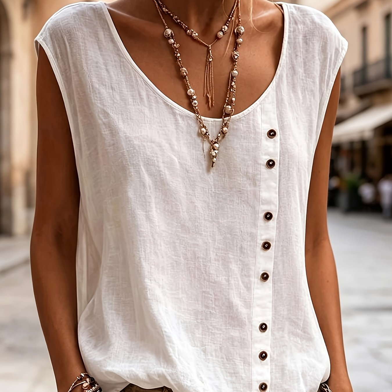 TEMU Spring Summer Easy Round Neck Diagonal Button Decoration Sleeveless Versatile Shirt