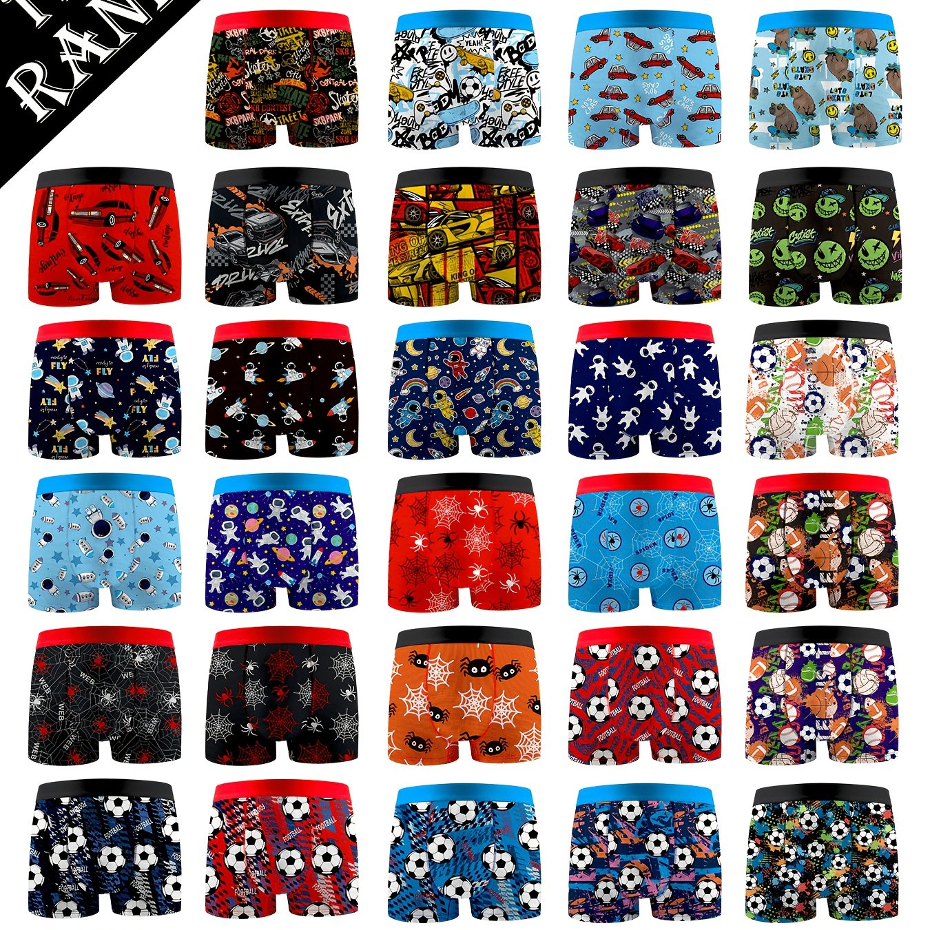 Image of 12pcs Random Assorted Boys' Boxer Briefs With Cartoon Car, Spider, Space Astronaut, Basketball, And Soccer Patterns For Students, Kids, And Babies