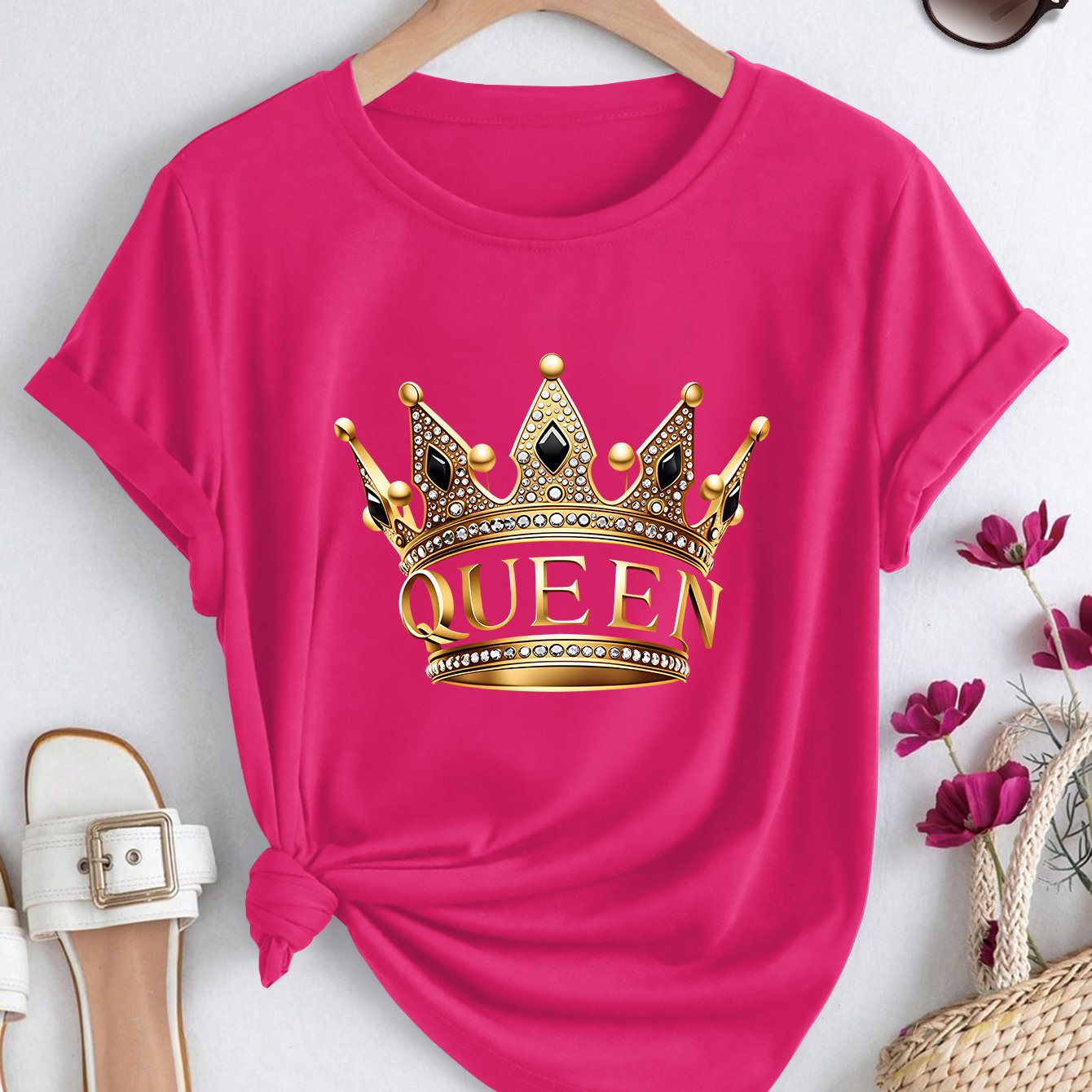 TEMU Plus Size Women's Summer Short Sleeve, Rhinestone Crown Queen Pattern Print, Spring Summer Fall Round Neck T-shirt, Fashion Loose Casual Daily