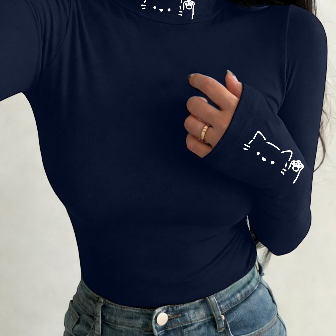 TEMU Y2k Niche Hand-painted Cat Print High-neck T-shirt, , Fit, Sexy Long-sleeve Base Layer Top