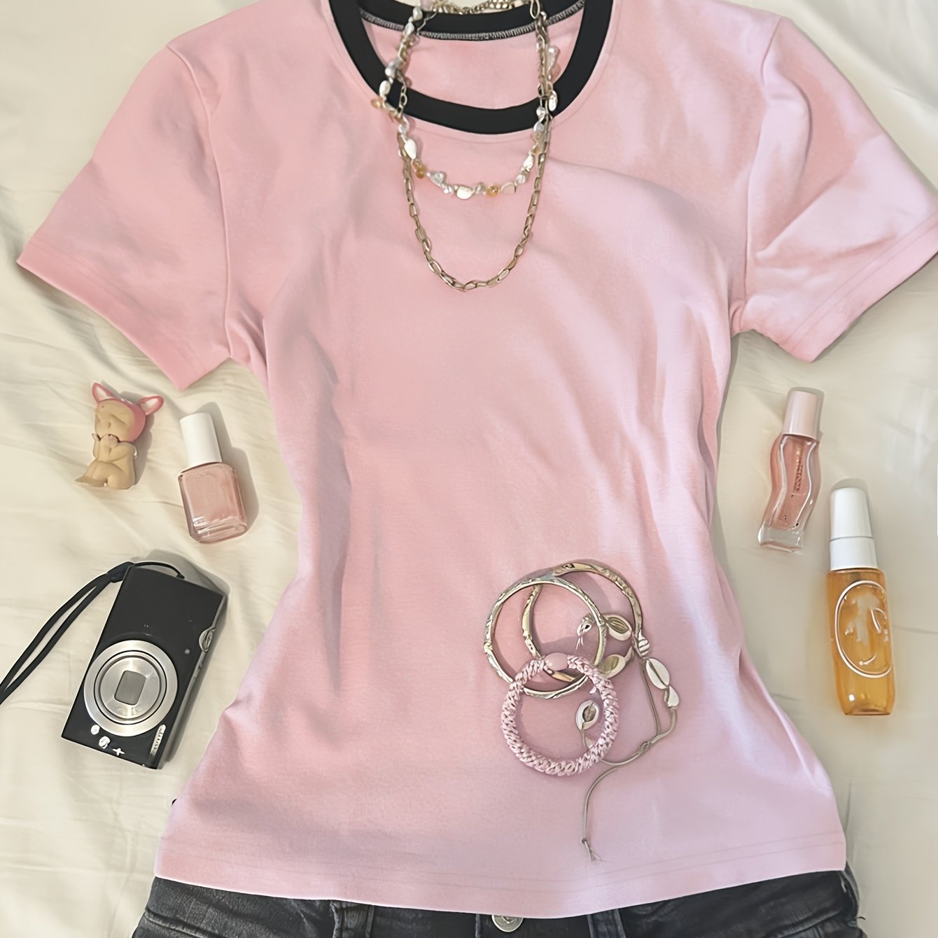 TEMU 1pc Fashion Women's Pink Short Sleeve T-shirt Solid Color Y2k Street Hot Board