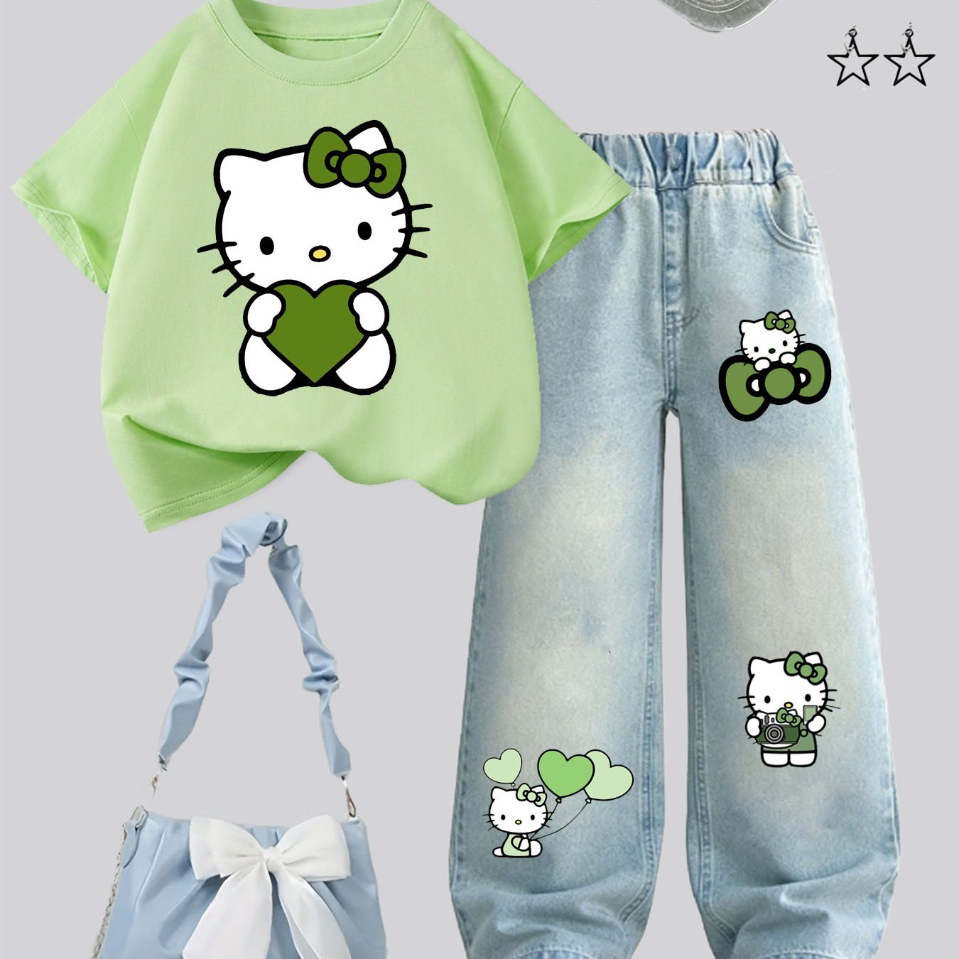 TEMU 2pcs Outfit, Girls Autumn Winter Cartoon Short Sleeve T-shirt With Hello Kitty/kuromi/melody/cinnamoroll Pattern And Loose Straight Leg Jeans,