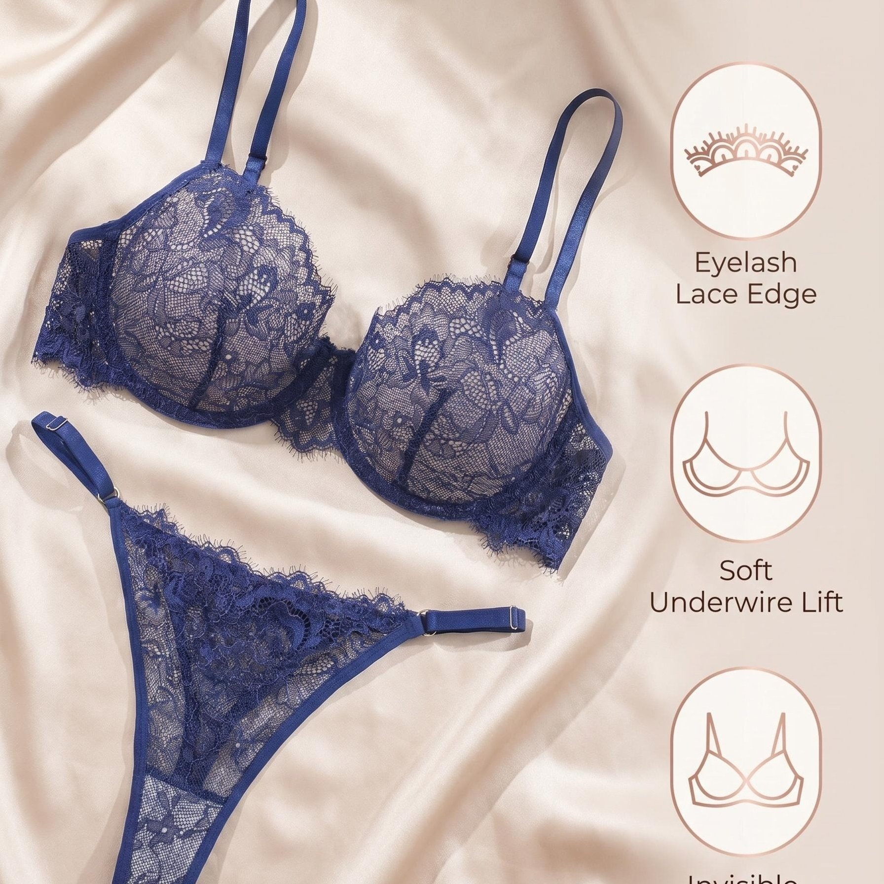 TEMU Navy Lace Lingerie Set, Solid Color, Eyelash Lace Edge, Soft Underwire Lift, Invisible Thin Straps