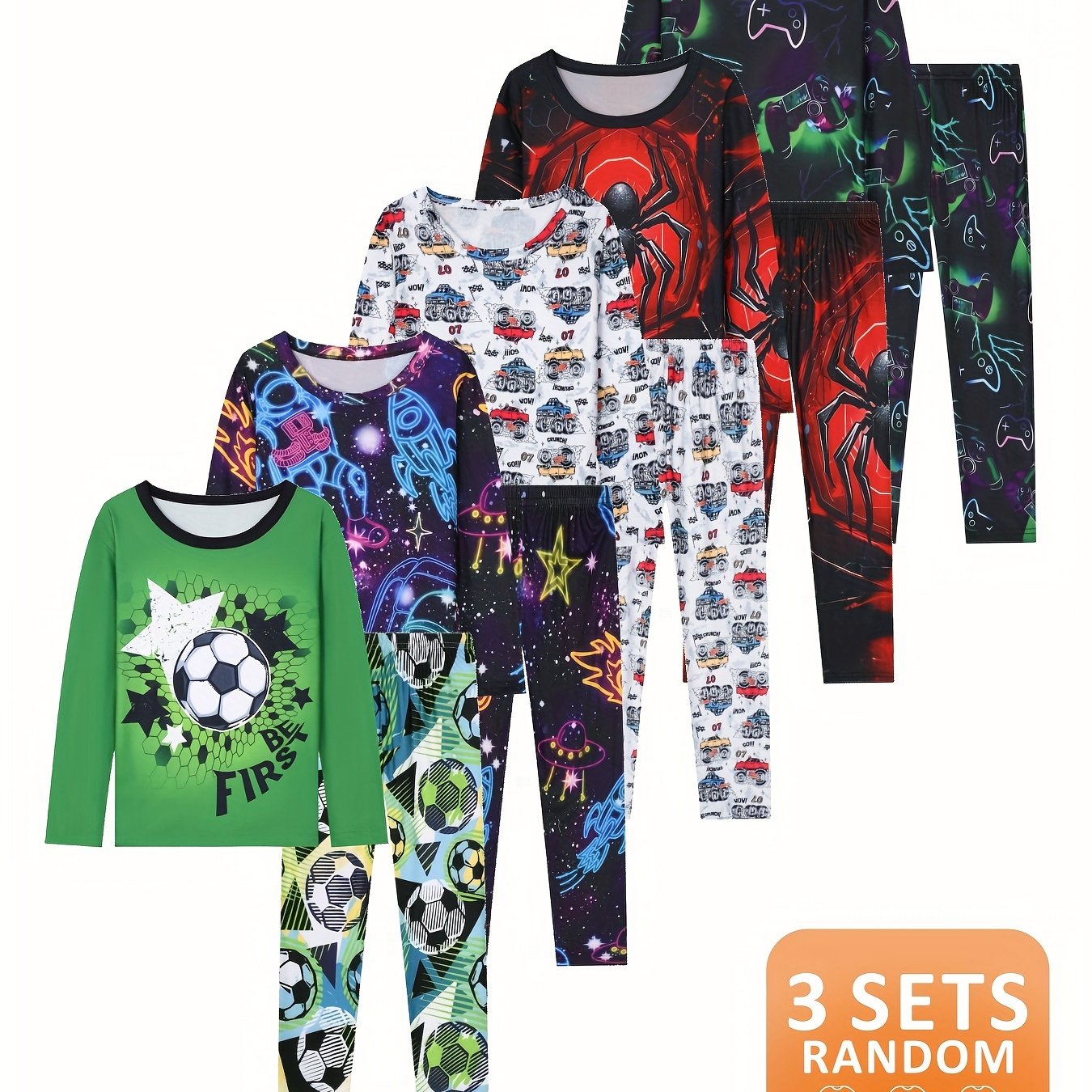 Random 3 Sets Boys Digital Printed Cartoon Long Sleeve Pants Casual Sets
