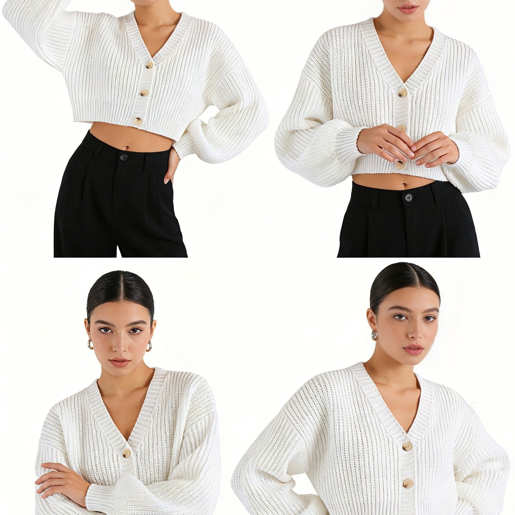Solid Color Elegant Drop Shoulder Loose Sleeve Women's Contrast Button Cardigan