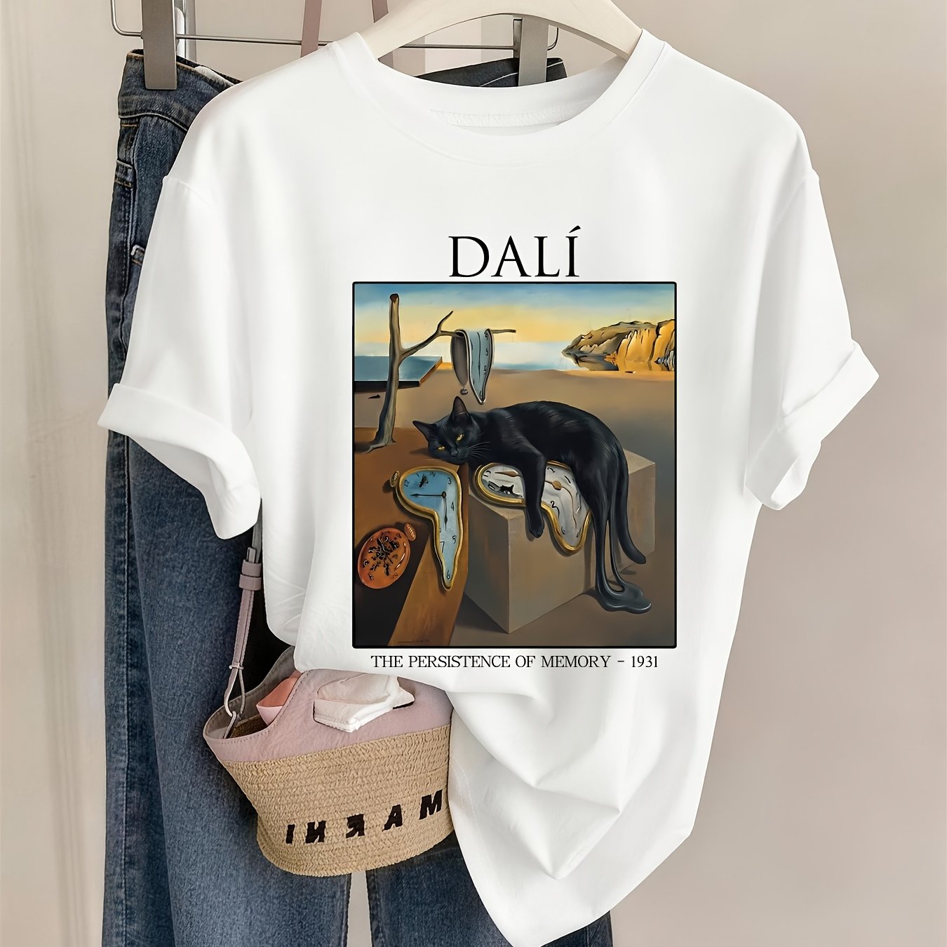 TEMU 's In Memory, Black Cat, Art Elements Printed Women's Spring And Summer Clothing, Combined Version Round Neck T-shirt, Suitable For Daily