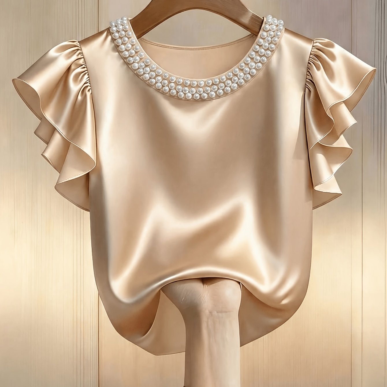 TEMU Haut élégant pour femme en satin de couleur unie avec col rond, manches courtes et manches bouffantes perlées
