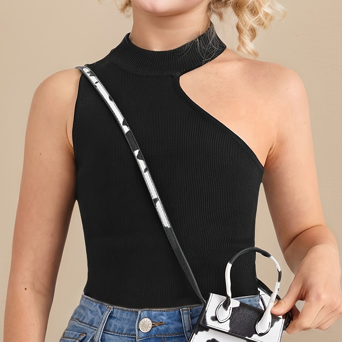 Image of Girls' Solid Color Asymmetrical Neckline Sleeveless Knit Pullover, Perfect For Casual Outdoor Wear And Birthday Gifts