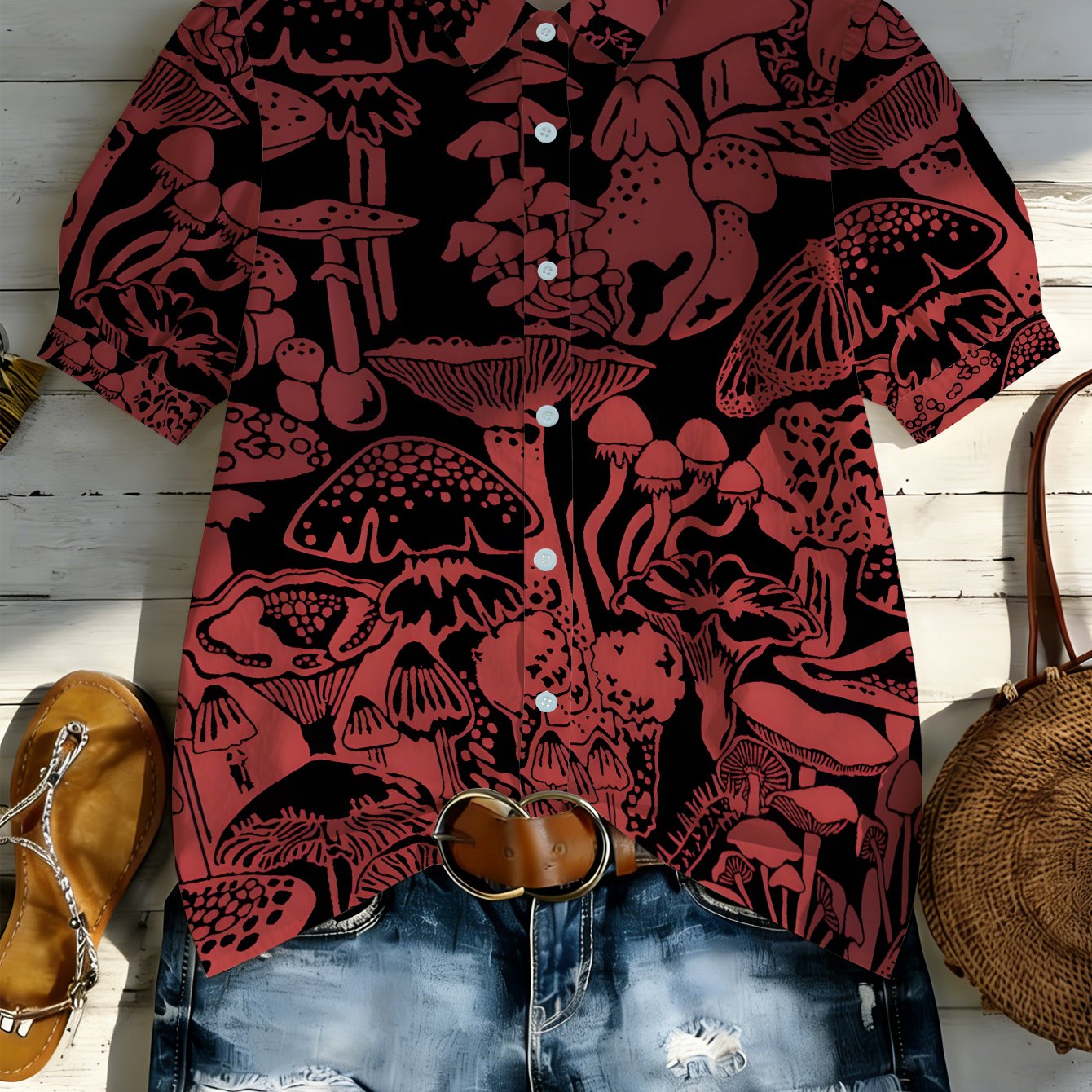 TEMU 1pc Short Sleeve Button-up Shirt With Red Mushroom Print Collar - Full-body Mushroom Pattern Blouse Top, Machine Washable Suitable For Beach,