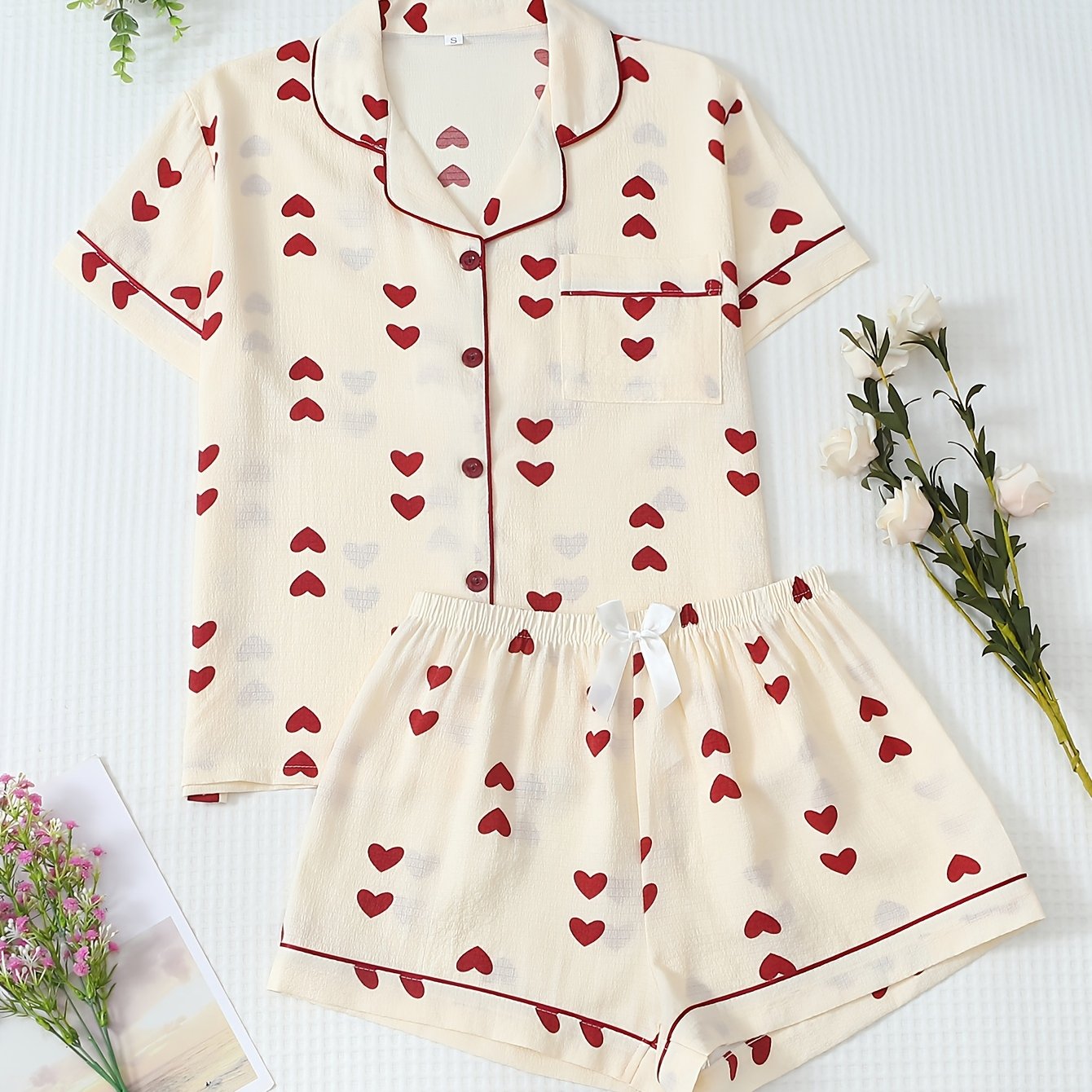 TEMU 2pcs Comfortable Red Heart-neck Button-up Short Sleeve Top And Pocket Bow Shorts Pajama Set, Suitable For Spring Wear