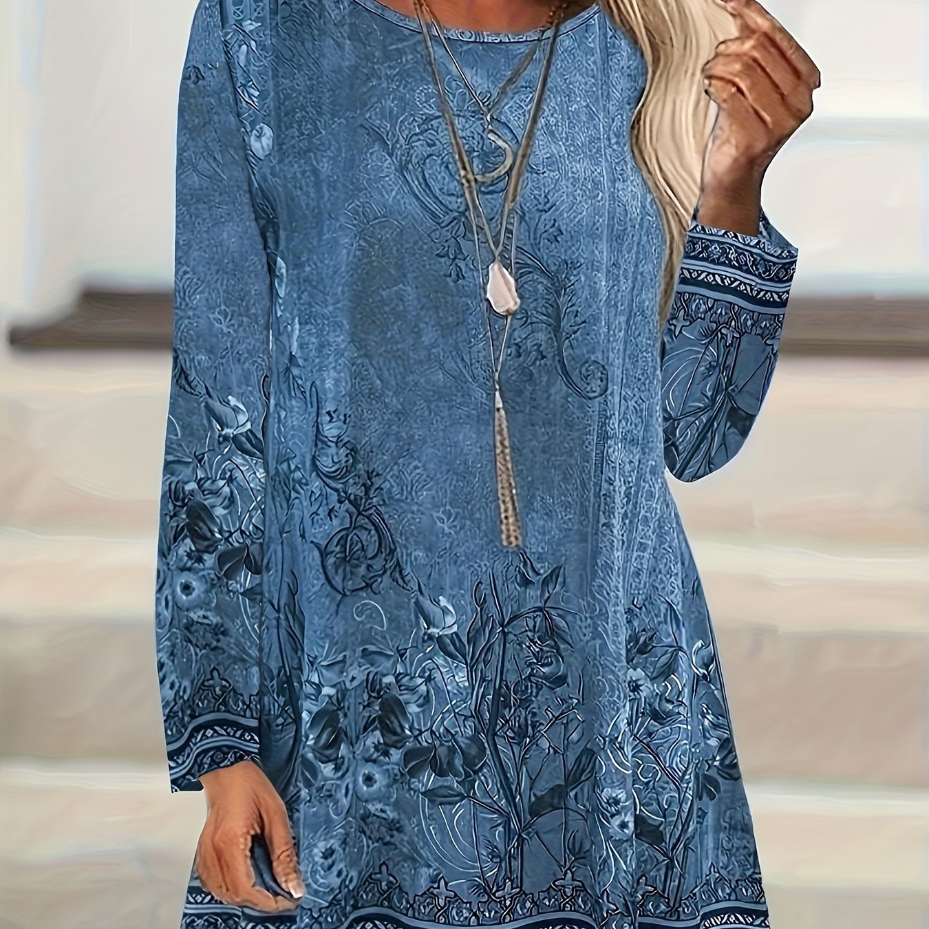E-shop Elegantes Damen T-Shirt mit Blumenmuster und Rundhalsausschnitt, lässiges Langarm-Oberteil für Frühling/Herbst, geeignet für Freizeit oder Büro