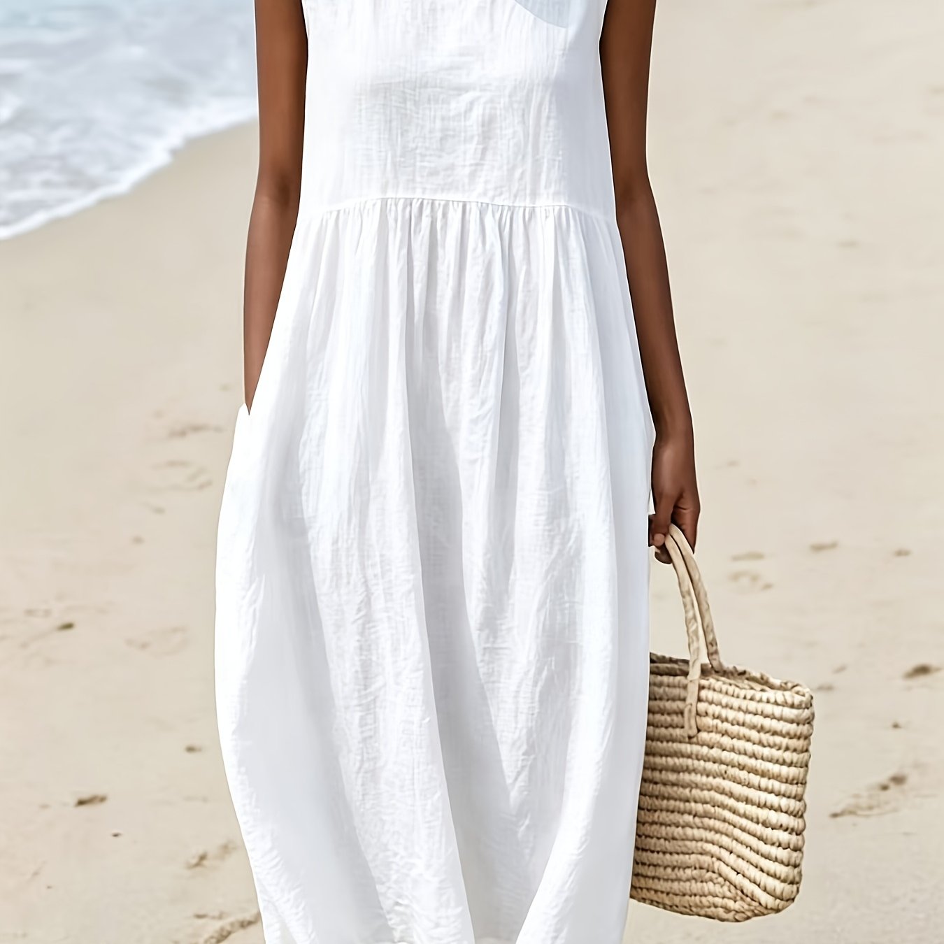 Women's Round Neck Solid Color Casual Pocket Sleeveless Vest Dress [zllz]