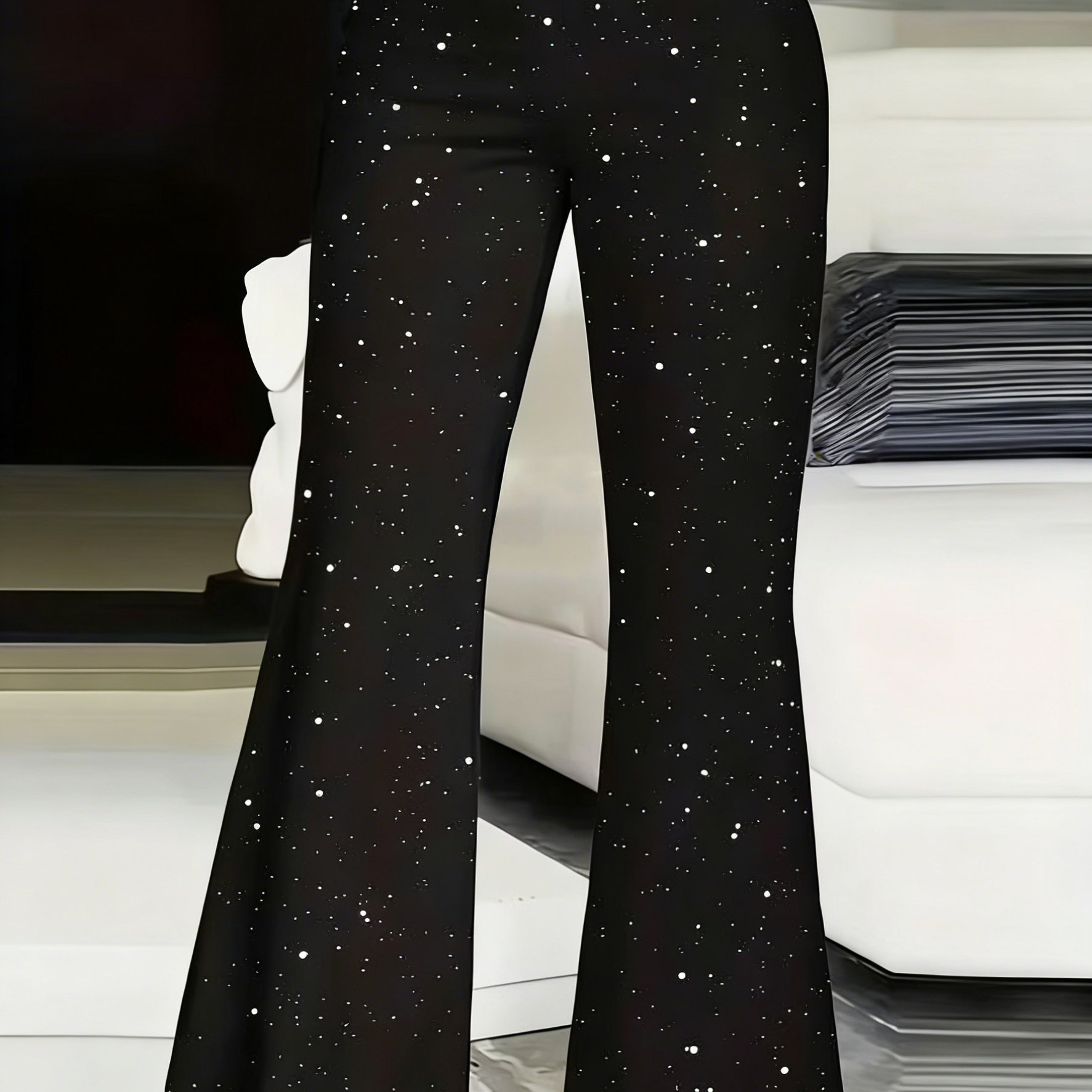 TEMU 【商品名】レディース ト フレアパンツ、星空柄 ストレッチ生地、オール着用、大人ファッション、おしゃれなワイドレッグパンツ