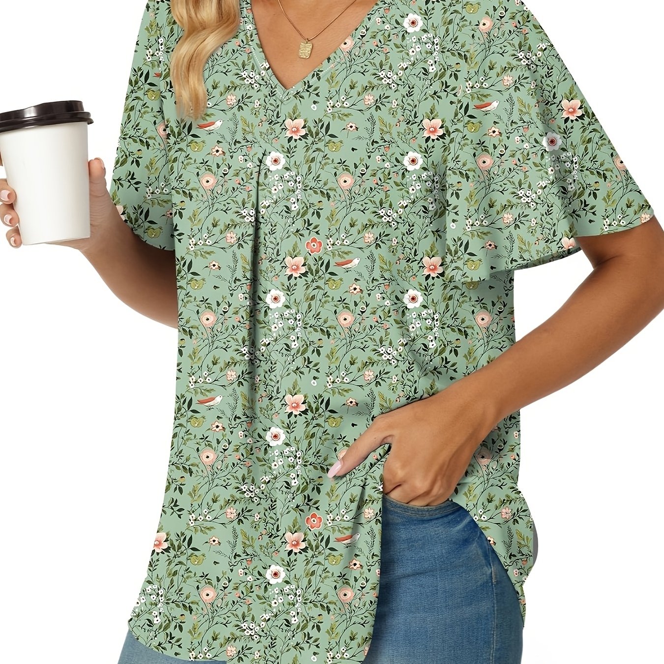 Plus Size, Ladies' Summer Formal Chiffon Shirt With V-neck, Short Sleeves, And Waist Tie