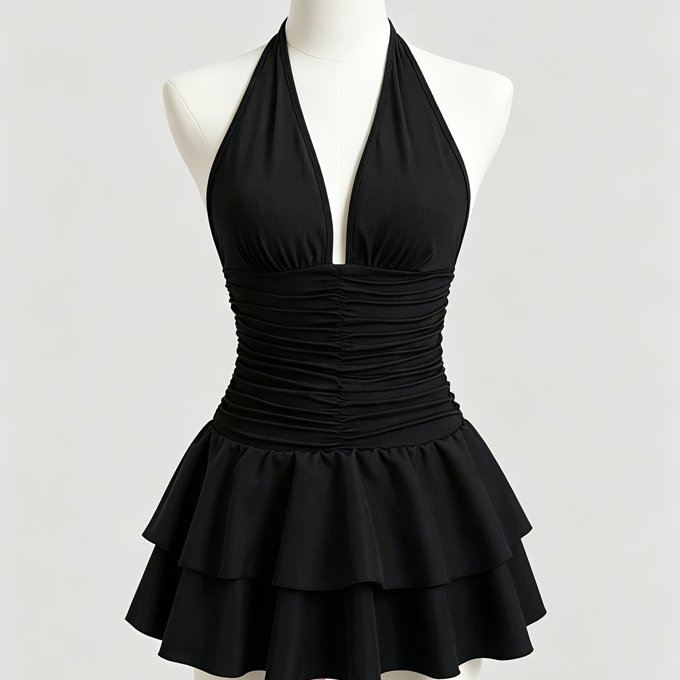 Image of Women's Fashion New Style Halter Neck Off-shoulder, Hem V-neck Dress With Double Layer Hem