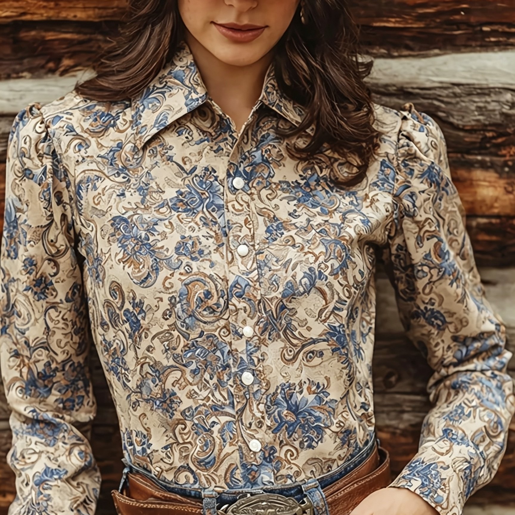 TEMU [printed Design - Not Textured] Women's Western Paisley Printed Button-up Shirt, Spring Summer Floral Print Blouse, Retro Style Long Sleeve