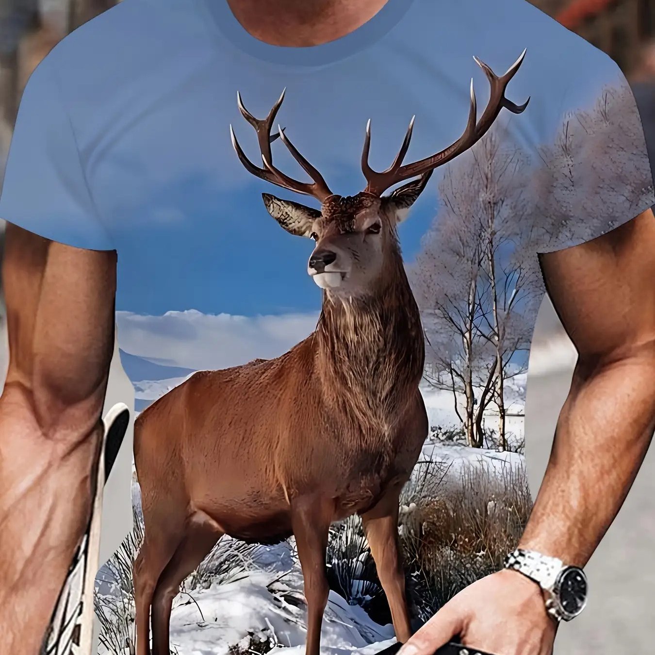 TEMU Men's Casual Short-sleeve T-shirt Featuring A Unique Of A Forest Deer, Round Neck, Made From Breathable And Soft Polyester Fabric, Plus Size