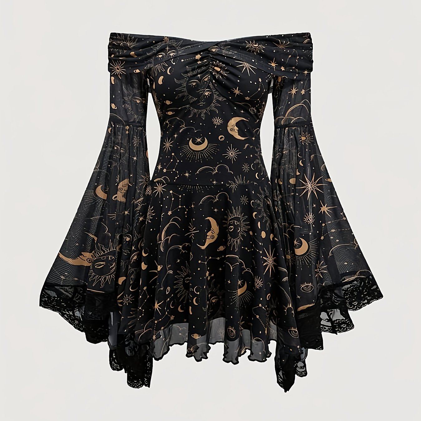 TEMU Gothic Vintage Mysterious Star And Moon Print Shoulder Flare Sleeve Mesh A-line Dress