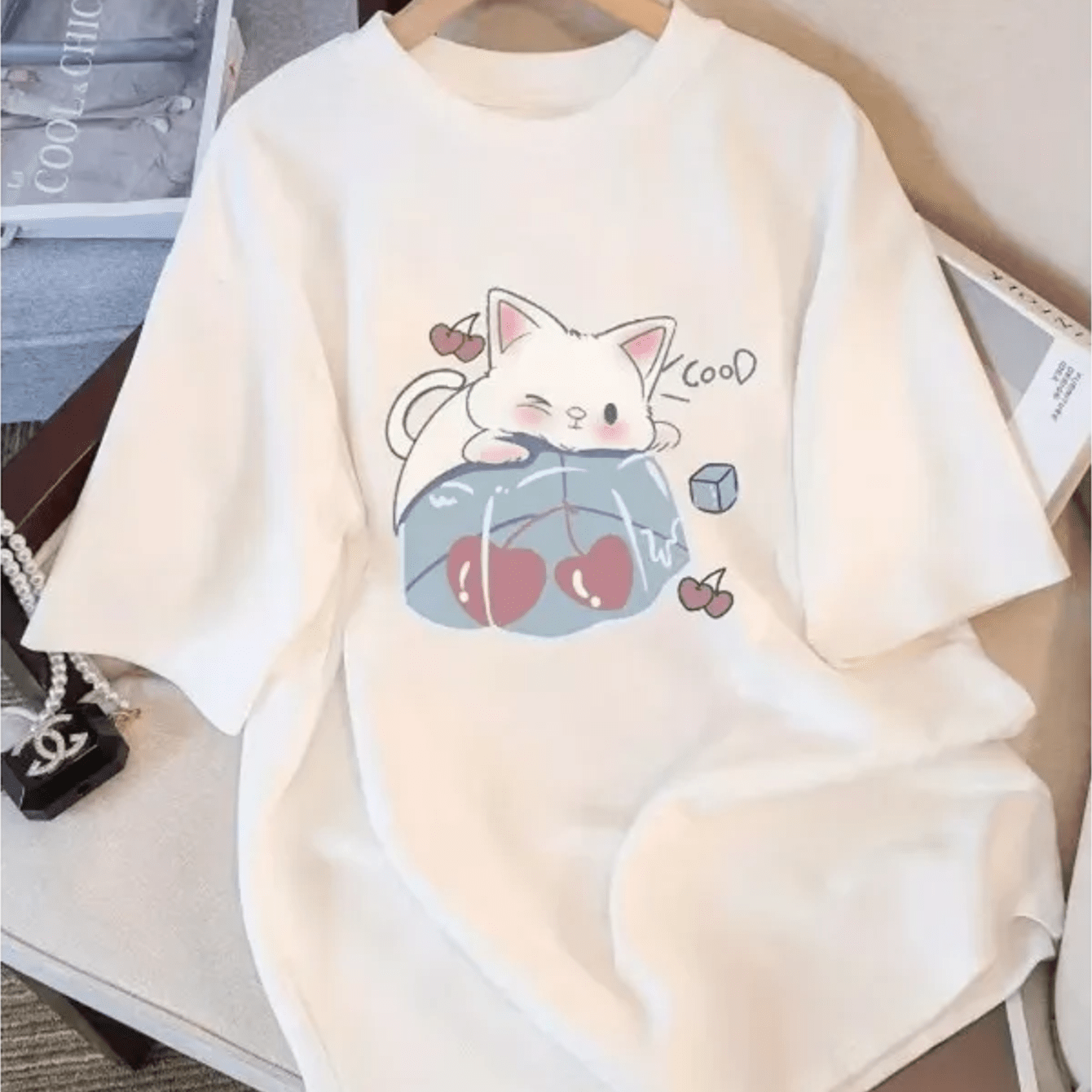 Image of Plus Size Cute White Cat Cherry Drink Print T-shirt Unisex Casual Crew Neck Oversized Tee Cute Anime Cat "cool" Graphic Shirt For Summer Big And Tall, Plus Size
