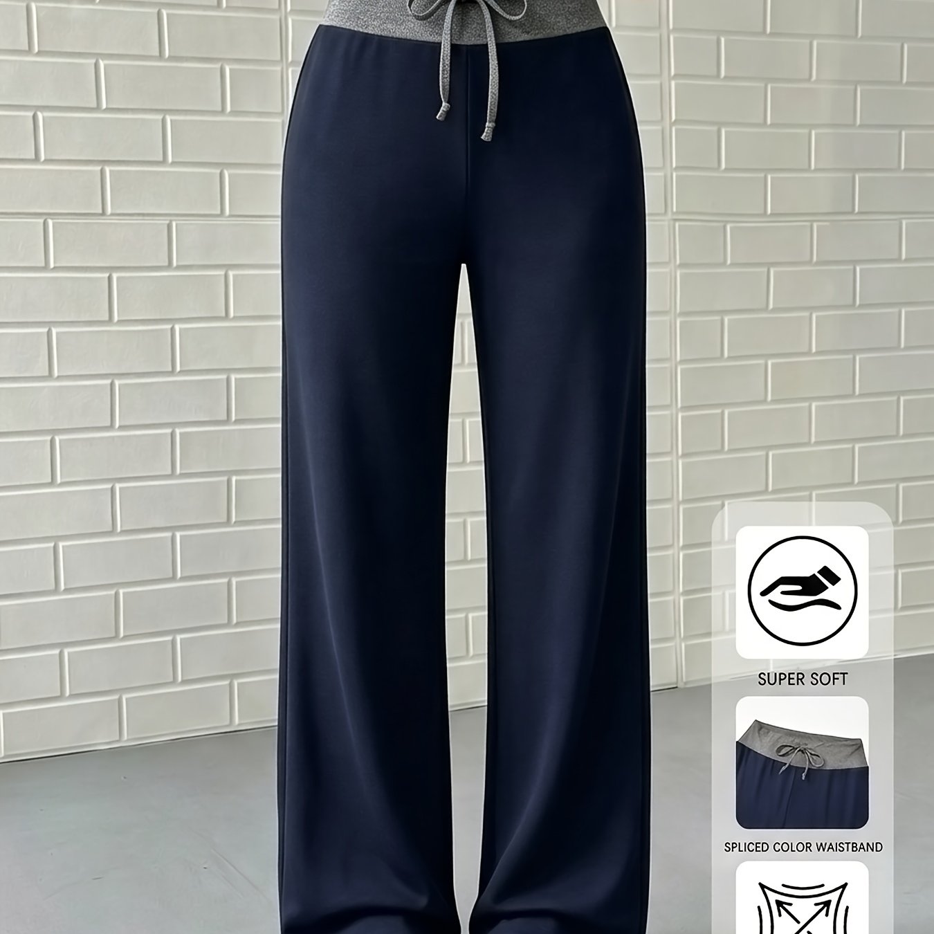 TEMU Pantalon Femme à Taille Haute, Jambes Larges et Color-Bloqué, Bas de Détente Super avec Cordon de Serrage, pour Tenue Quotidienne Décontractée