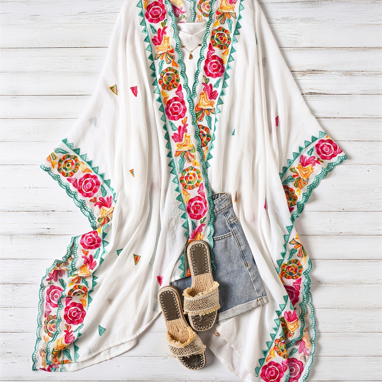 TEMU Cárdigan bohemio de talla grande con bordado floral, cárdigan de playa para mujer, de abrigo para vacaciones