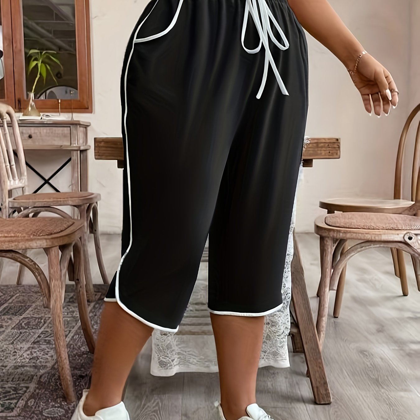Plus-size Y Casual Color-block Capri Pants Lounge Pants