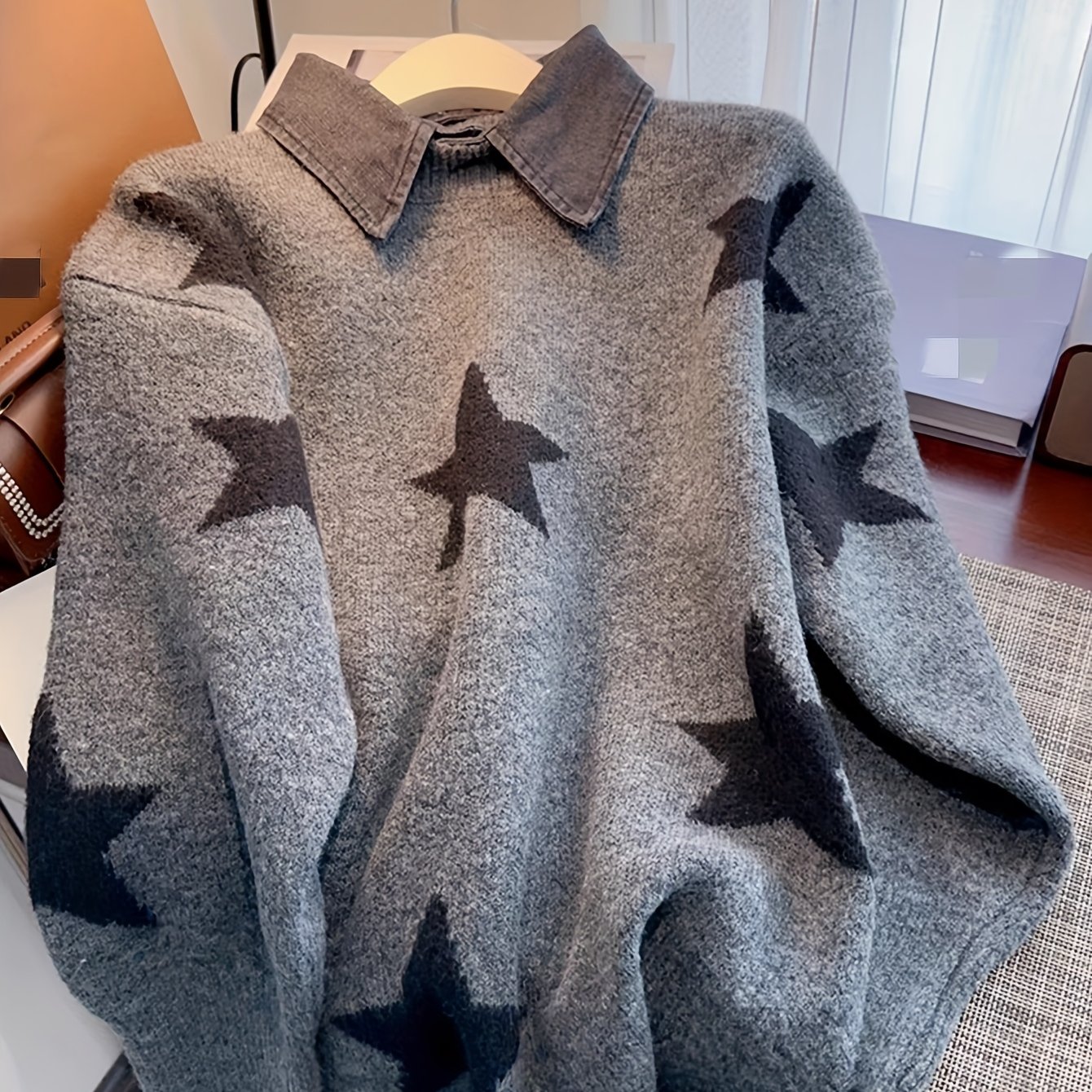 TEMU 2-in-1 Look Women's Autumn/winter American-style Thick Creamy Fluffy Lazy Style Collar Sweater