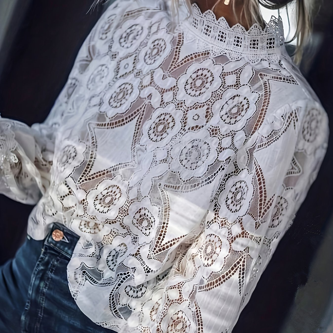 Women's Stand Collar Lace Long Sleeve Elegant Hollow Out Blouse