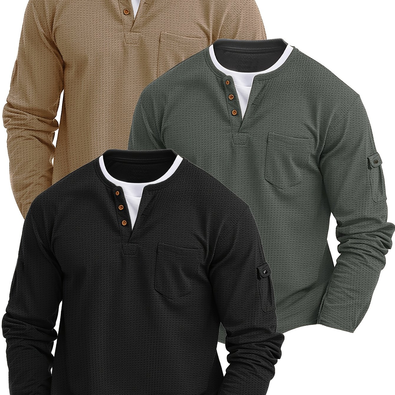 TEMU 3pcs Men's Spring/autumn New Style 2-in-1 Look Waffle Knit Long Sleeve Crew Neck T-shirt, Versatile And Fashionable Top For Daily Commuting,