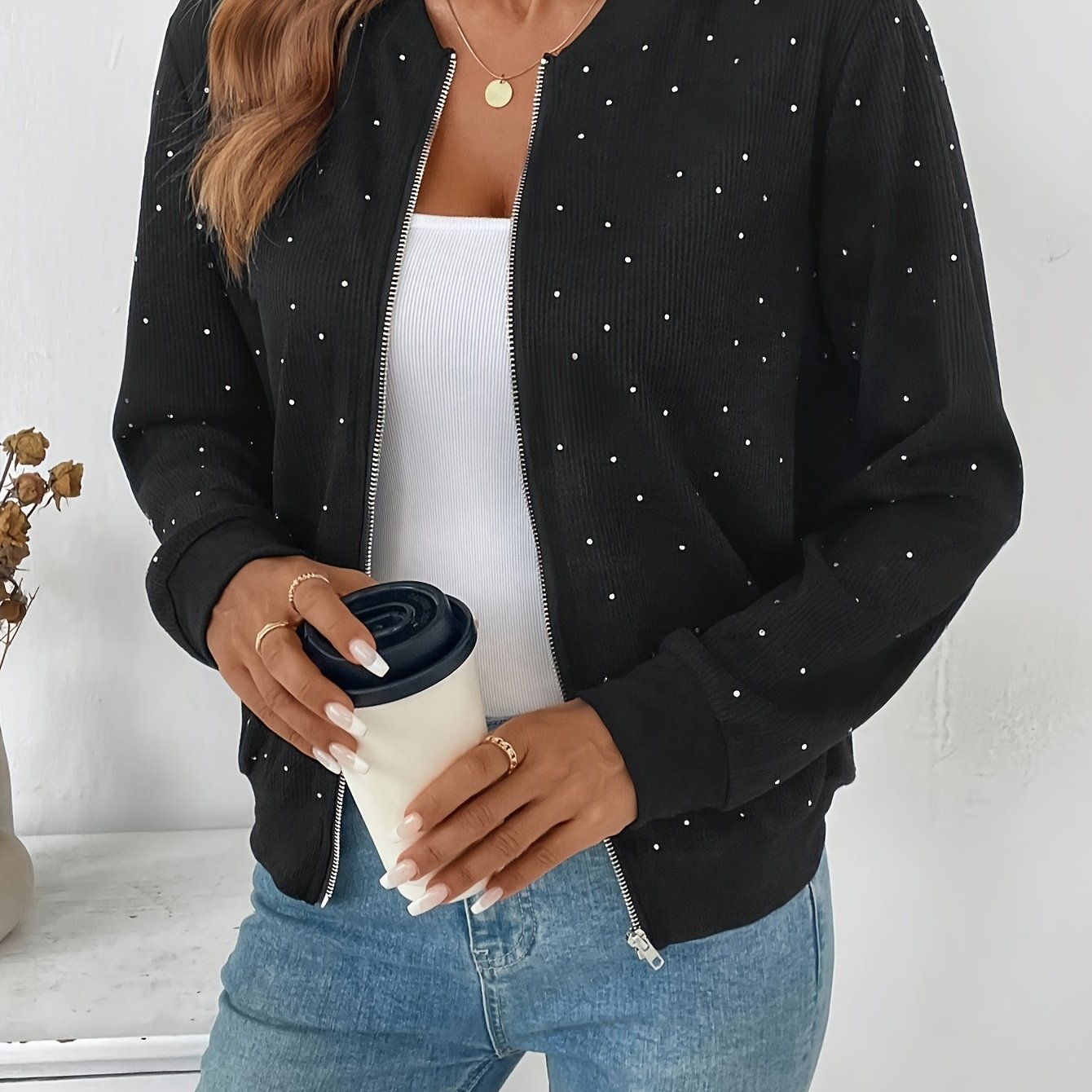 E-shop Damen Jacke Schwarz mit Pailletten und Baseballkragen, stylische Langarm Zip-Up Freizeitjacke, für den Frühlingspendler