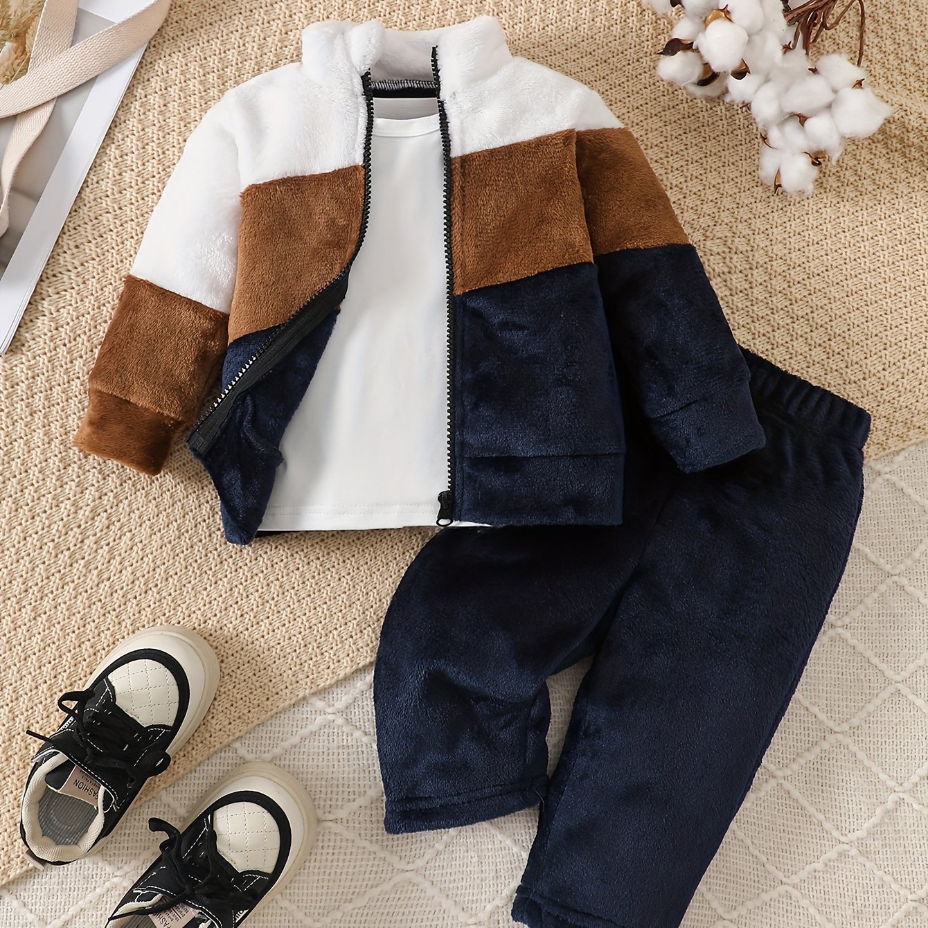 Image of Autumn Winter Outdoor Casual 3- Zipper High-neck Jacket And Solid T-shirt And Plush Bear Embroidered Long Pants Children's 3pcs Set, For Outdoor
