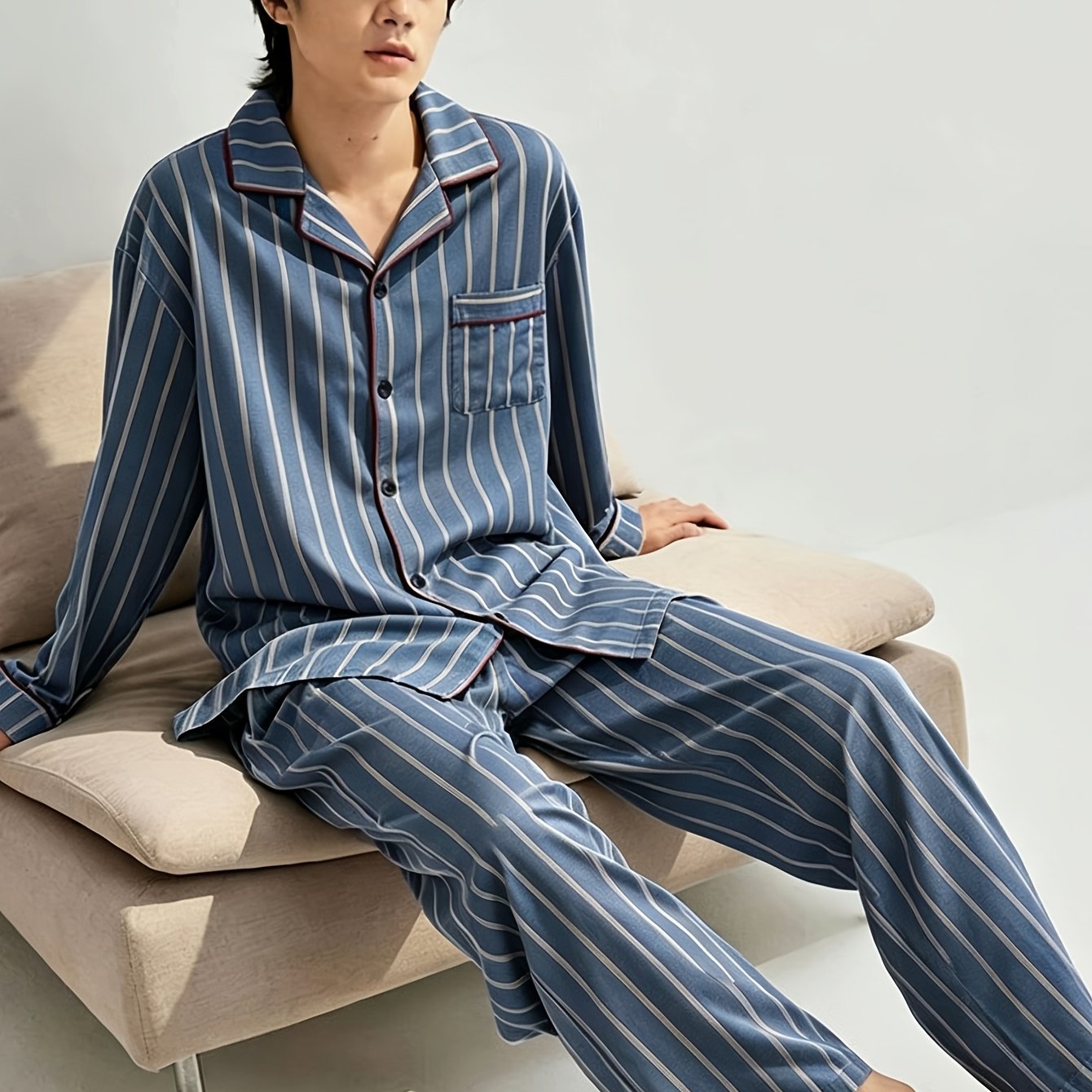 TEMU 2pcs Pajama Long Sleeve Set Men's Pajama Set - Striped Print Long Sleeve Button-up Shirt And Striped Pants - Casual Wear