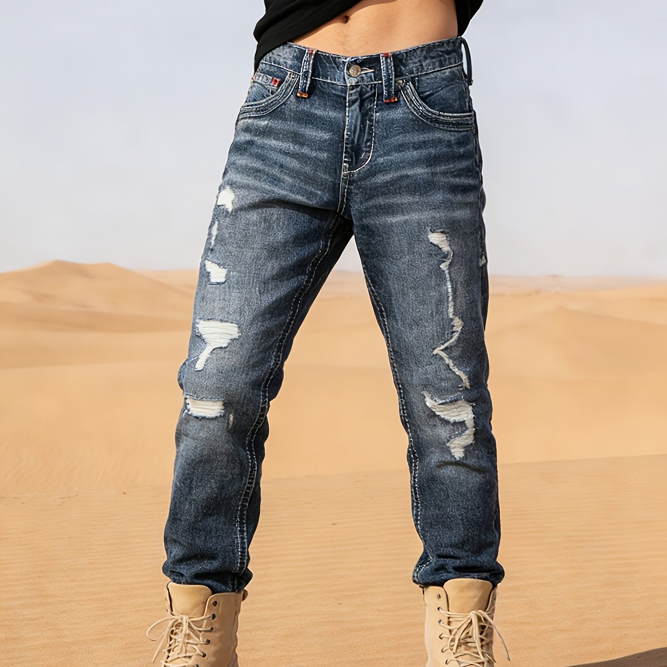 Casual Men's Jeans With Stylish Back Pocket Patches And Trendy Hole Designs