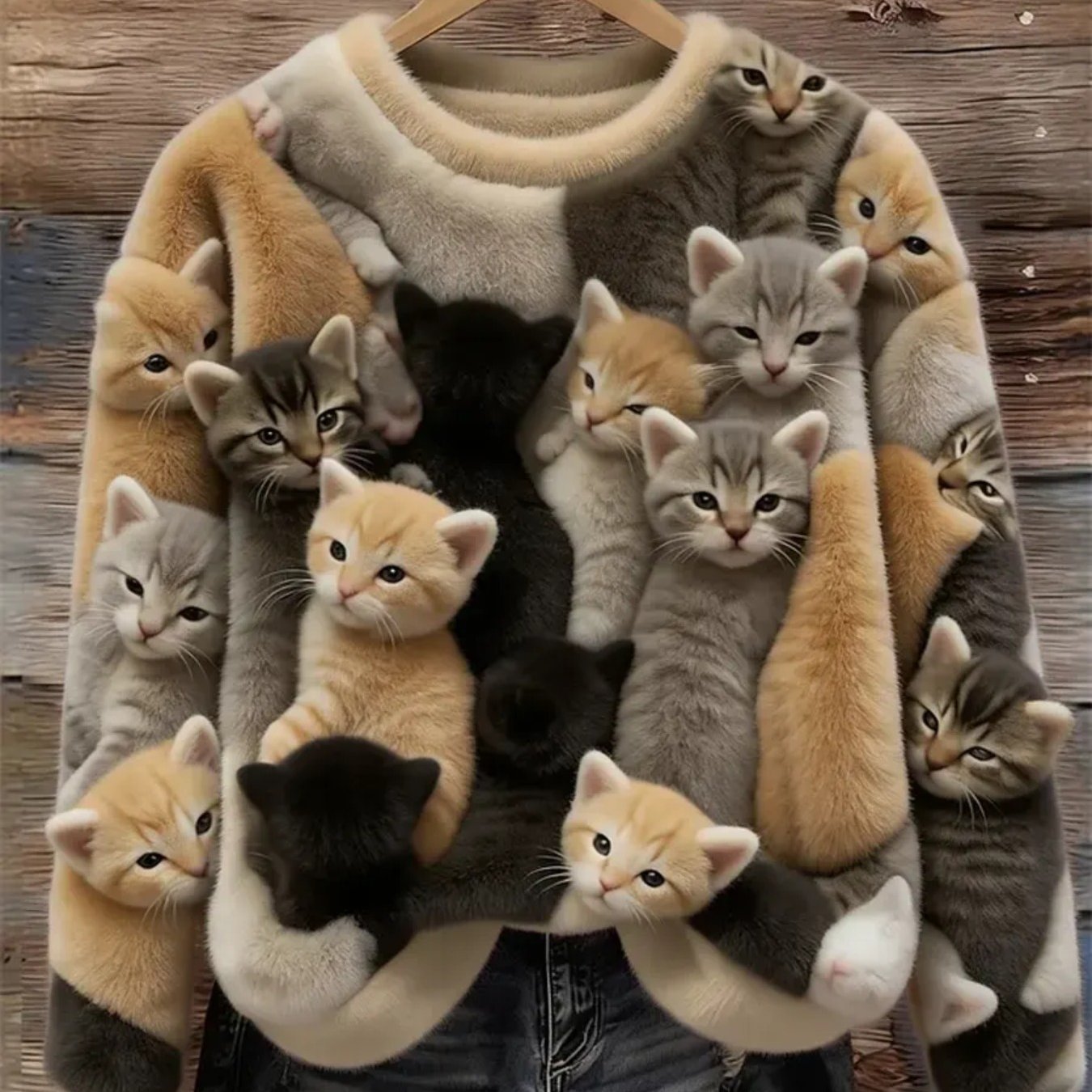 TEMU Ladies' Casual Cute Contrasting Cat Pattern Printed Long Sleeve Round Neck Hoodie