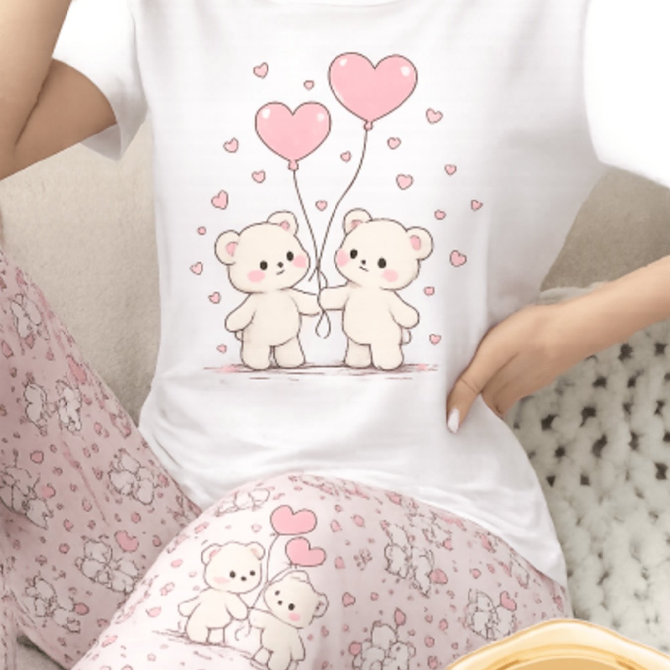 TEMU Plus Size - Teddy Bear With Hearts Print T-shirt, Cute And Romantic Animal Graphic Tee, Casual Crew Neck Top, Suitable For Daily Wear, Casual ,