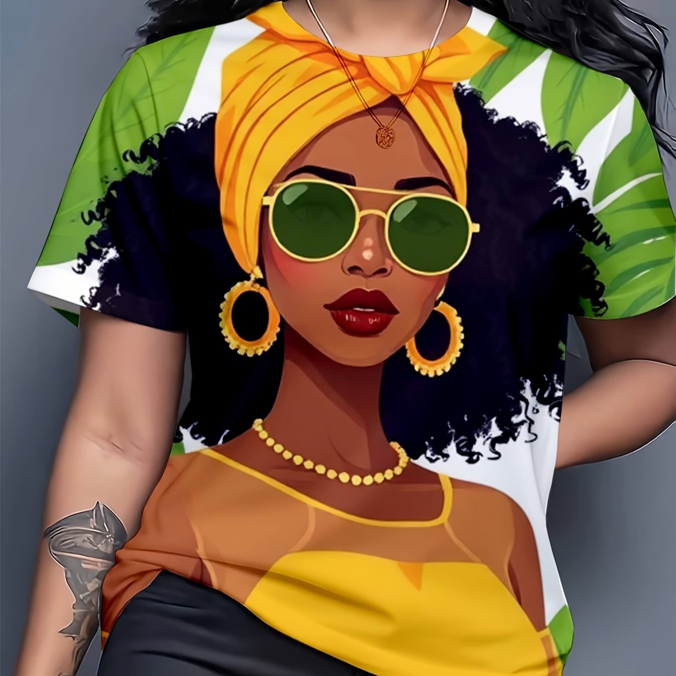TEMU T-shirt à manches courtes et col rond pour femmes, imprimé vert , foulard, lunettes de mode, motif africain pour femmes, vêtement décontracté,