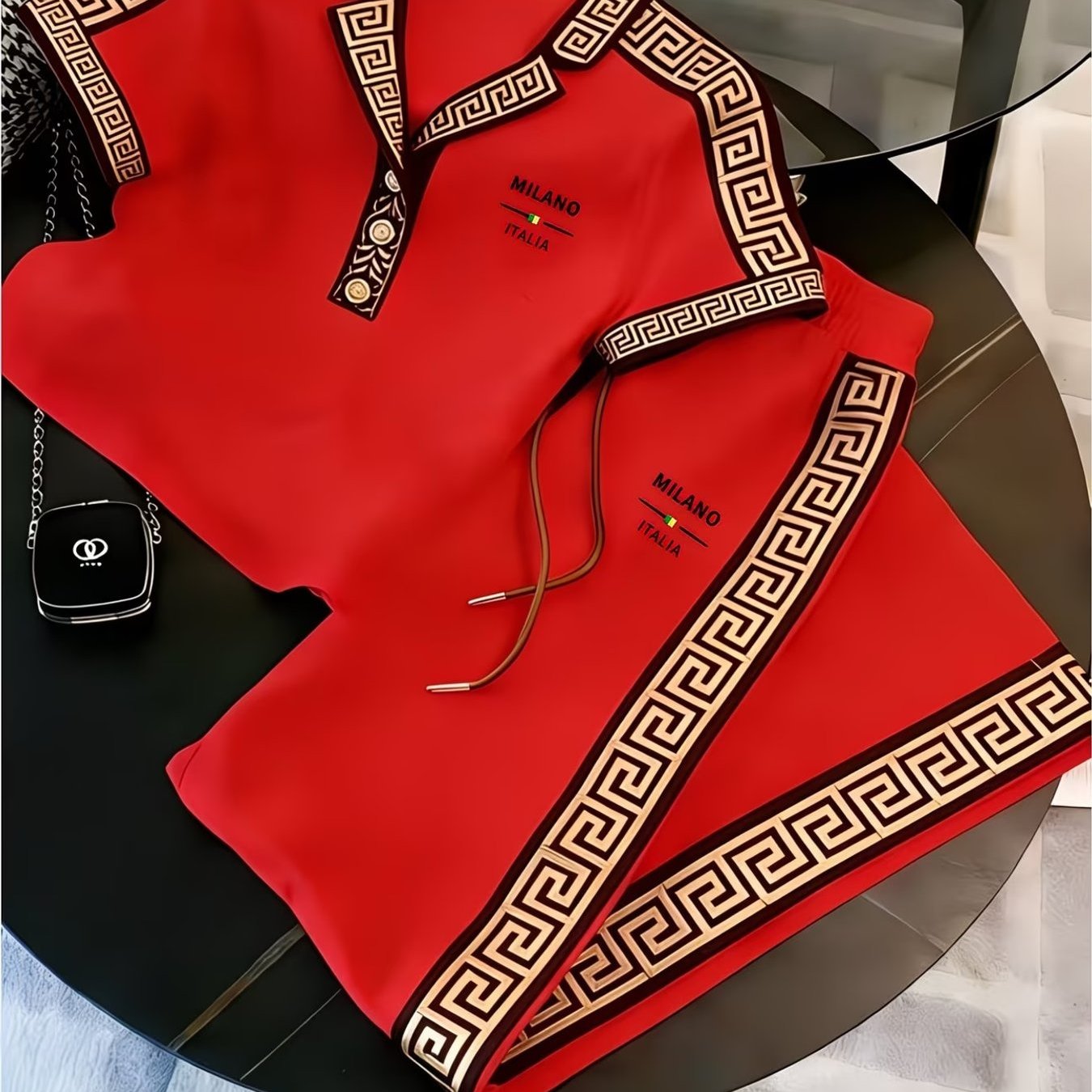 Image of Set With Red Greek Pattern, Milanese Italian Print, Casual 2pcs Set, Street Style Trend, Sportswear And Casual Wear, Perfect For Outdoor, For Teenager