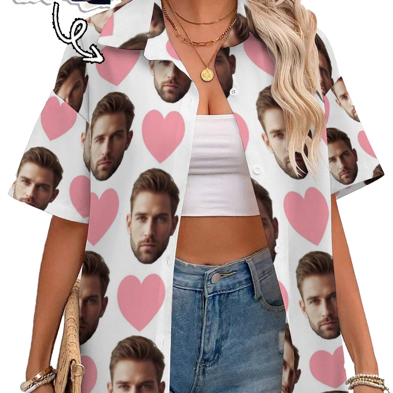 TEMU 2025 Custom Product - Custom Face Women's Hawaiian Shirt Add Your -face Smiling Photo Digital Printing On Casual Shirt Floral Pattern Optional