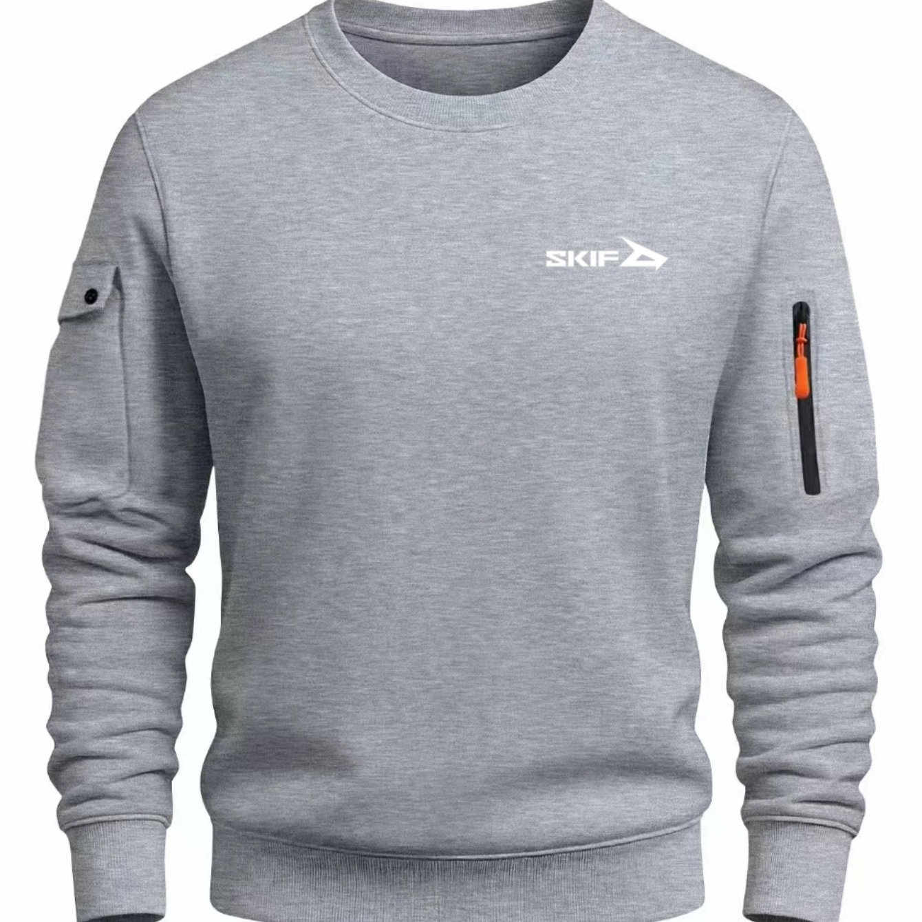 TEMU 2026 Spring Autumn 's Cargo Style Round Neck Sweatshirt, Easy Skif Print Zippered Sleeve Pocket Men's Casual Top, Suitable For Daily