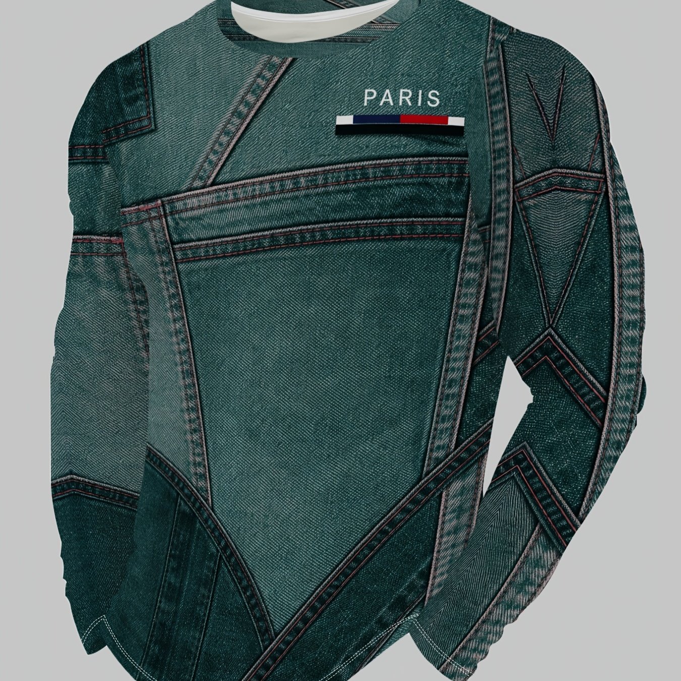 TEMU Men's Crew Neck Long Sleeve T-shirt With Trendy Denim Design, Fashionable Casual Top, Street Style Base Layer