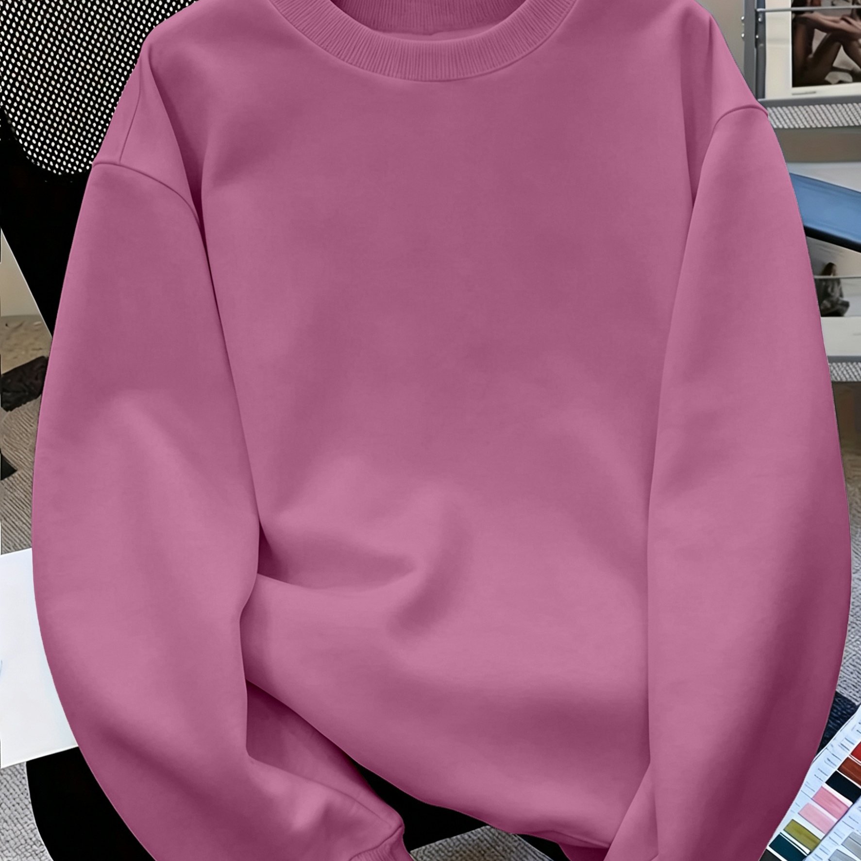 TEMU Sweatshirt simple et élégant pour femme, couleur unie, coupe , col ras du cou, nouveau haut ample polyvalent décontracté et sportif à manches