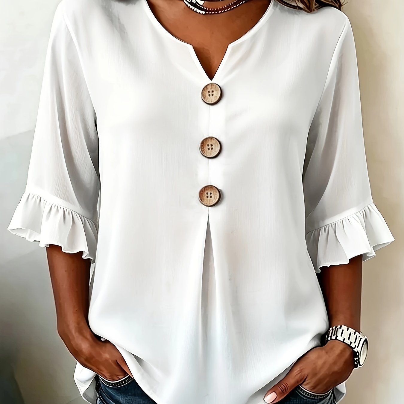 TEMU Plus Size, European And Plus-size Women's Ruffle Sleeve Shirt, Simple White Blouse, Stylish And Comfortable, Suitable For Daily Wear And Office,
