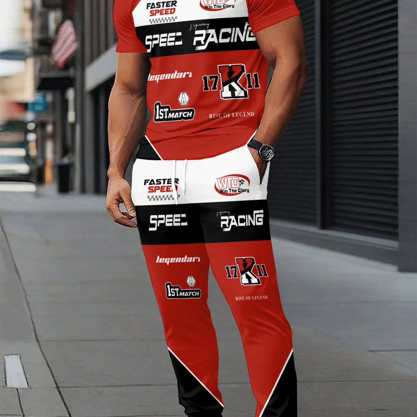 TEMU Men's Polyester Sportswear | Elegant Casual Crew Neck | Slightly Stretchy Knit With 3d Print | Regular Fit 2pcs Set | Patterned Short Sleeve