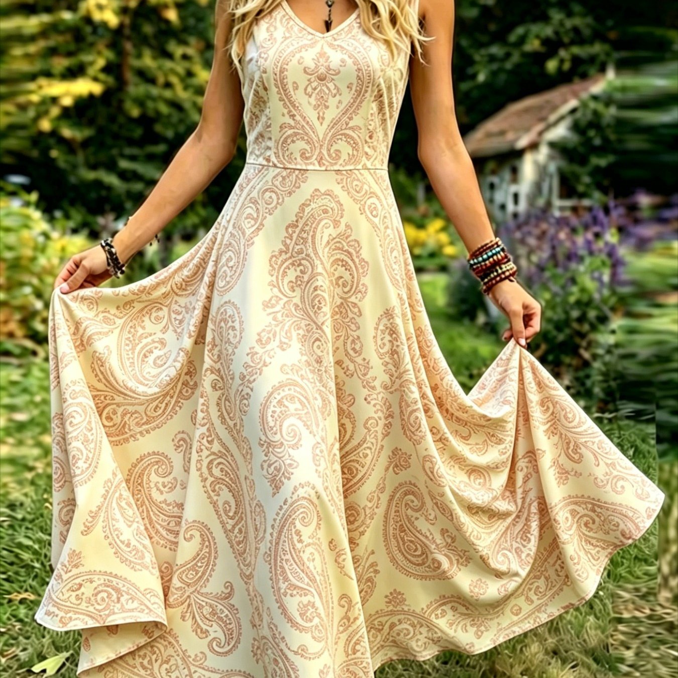Image of Women's Vintage-style Sleeveless Dress-an Elegant, Casual, Round-neck A-line Maxi Dress. Easy To Care For, Perfect For Daily Wear And Vacation Leisure.
