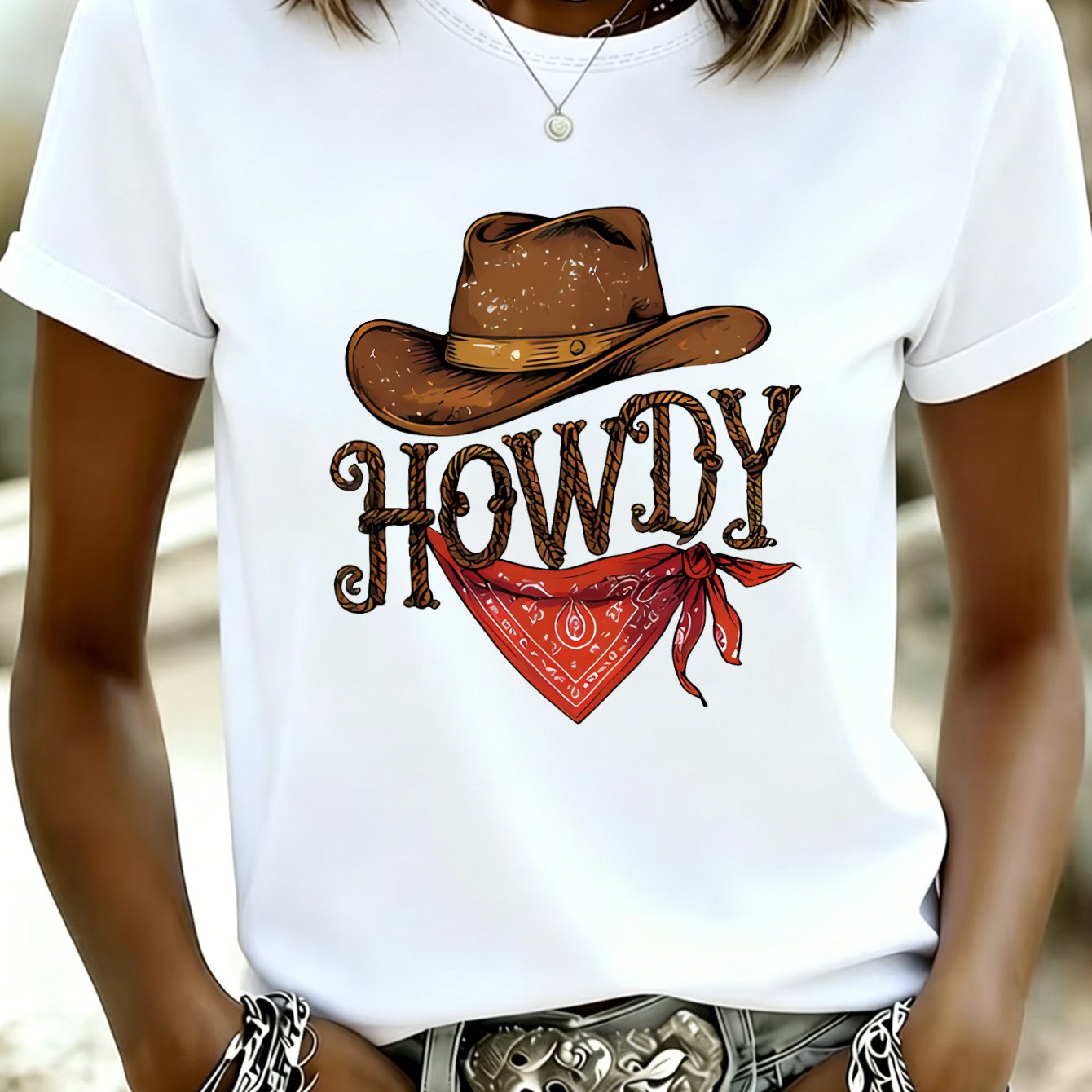 TEMU Women's Y2k 90s Retro Western Howdy T-shirt - Vintage Cowboy Hat Print Short Sleeve Crew Neck Top, Soft Breathable Suitable For, Casual Daily
